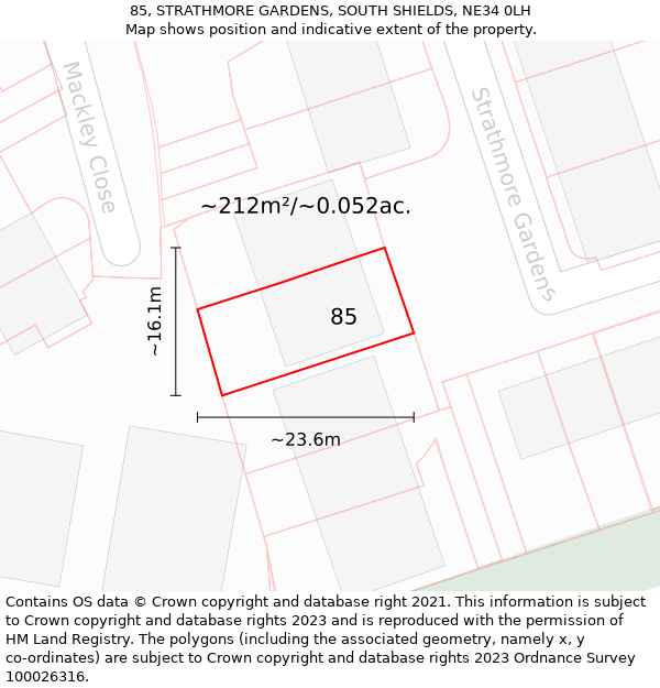 85, STRATHMORE GARDENS, SOUTH SHIELDS, NE34 0LH: Plot and title map