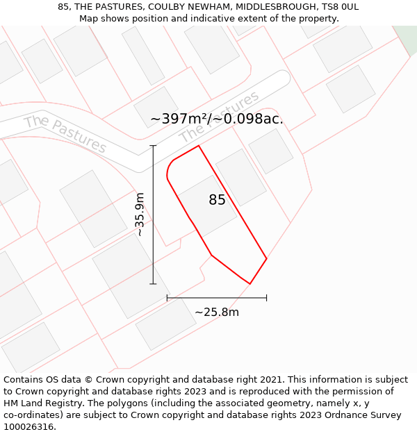 85, THE PASTURES, COULBY NEWHAM, MIDDLESBROUGH, TS8 0UL: Plot and title map