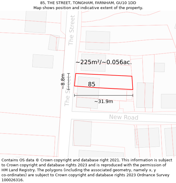 85, THE STREET, TONGHAM, FARNHAM, GU10 1DD: Plot and title map