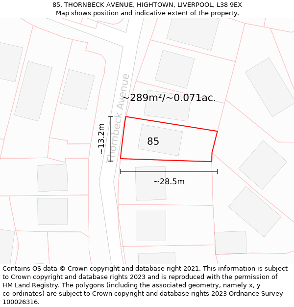 85, THORNBECK AVENUE, HIGHTOWN, LIVERPOOL, L38 9EX: Plot and title map