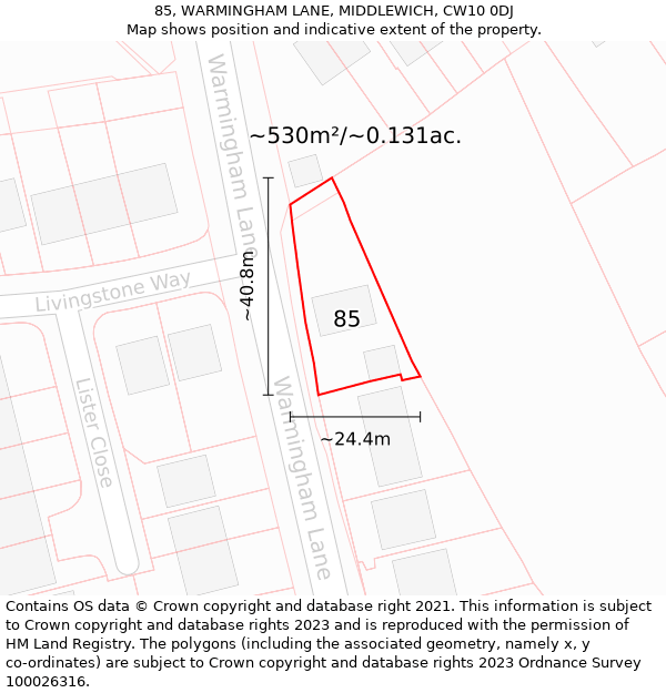 85, WARMINGHAM LANE, MIDDLEWICH, CW10 0DJ: Plot and title map