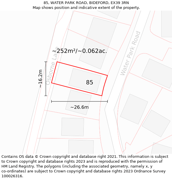 85, WATER PARK ROAD, BIDEFORD, EX39 3RN: Plot and title map