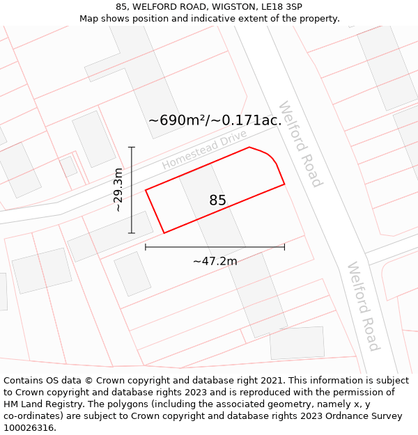 85, WELFORD ROAD, WIGSTON, LE18 3SP: Plot and title map