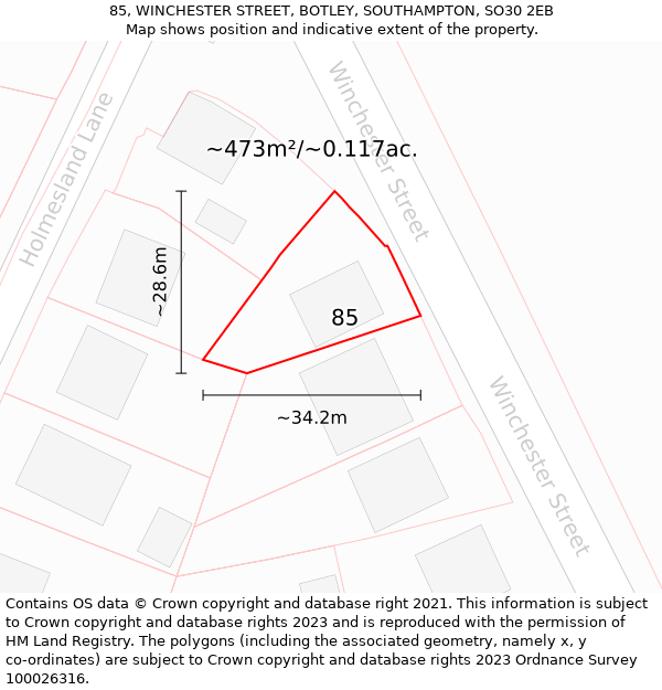 85, WINCHESTER STREET, BOTLEY, SOUTHAMPTON, SO30 2EB: Plot and title map