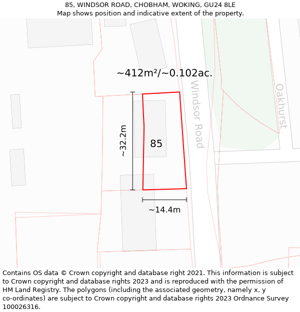 85, WINDSOR ROAD, CHOBHAM, WOKING, GU24 8LE: Plot and title map