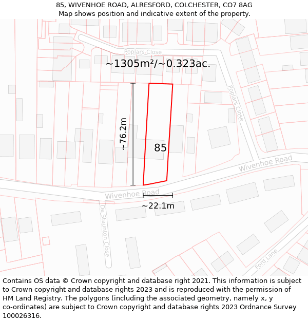 85, WIVENHOE ROAD, ALRESFORD, COLCHESTER, CO7 8AG: Plot and title map