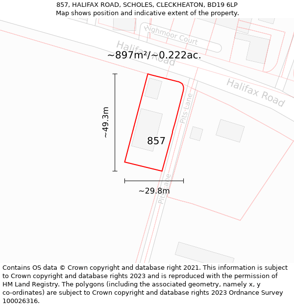 857, HALIFAX ROAD, SCHOLES, CLECKHEATON, BD19 6LP: Plot and title map