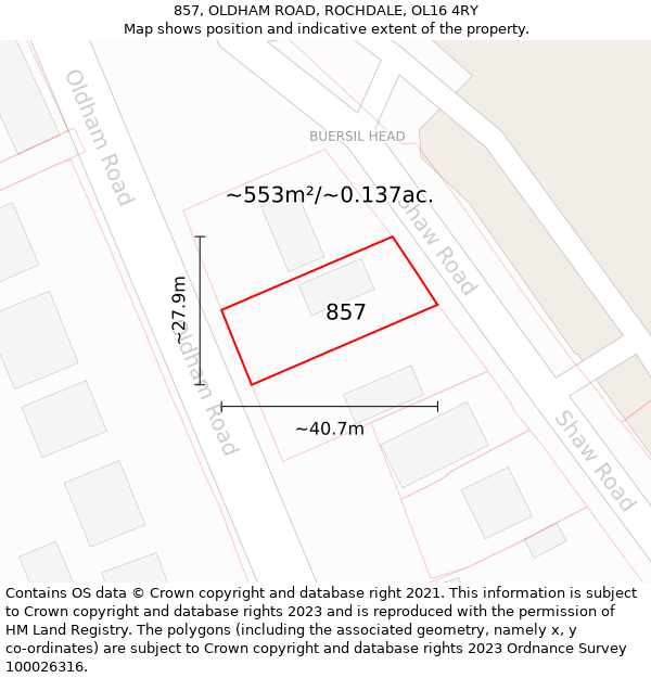 857, OLDHAM ROAD, ROCHDALE, OL16 4RY: Plot and title map