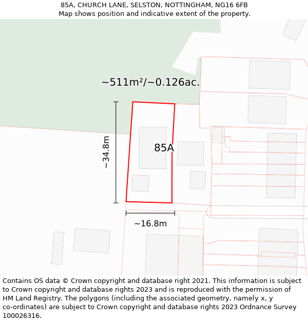 85A, CHURCH LANE, SELSTON, NOTTINGHAM, NG16 6FB: Plot and title map