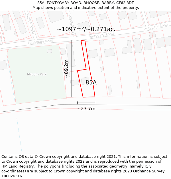 85A, FONTYGARY ROAD, RHOOSE, BARRY, CF62 3DT: Plot and title map