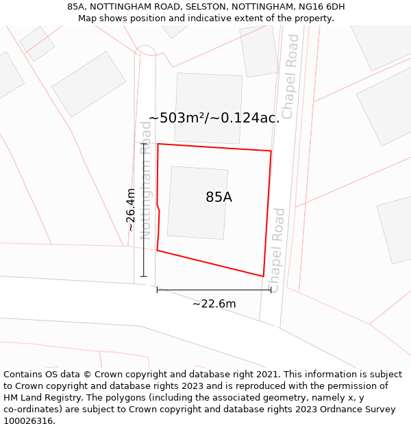 85A, NOTTINGHAM ROAD, SELSTON, NOTTINGHAM, NG16 6DH: Plot and title map