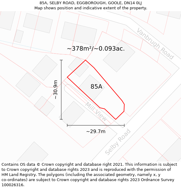 85A, SELBY ROAD, EGGBOROUGH, GOOLE, DN14 0LJ: Plot and title map