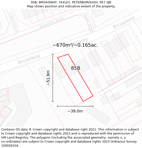 85B, BROADWAY, YAXLEY, PETERBOROUGH, PE7 3JB: Plot and title map