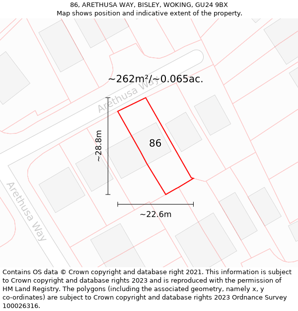 86, ARETHUSA WAY, BISLEY, WOKING, GU24 9BX: Plot and title map