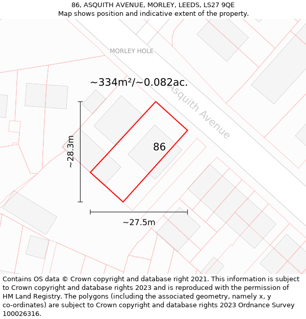 86, ASQUITH AVENUE, MORLEY, LEEDS, LS27 9QE: Plot and title map