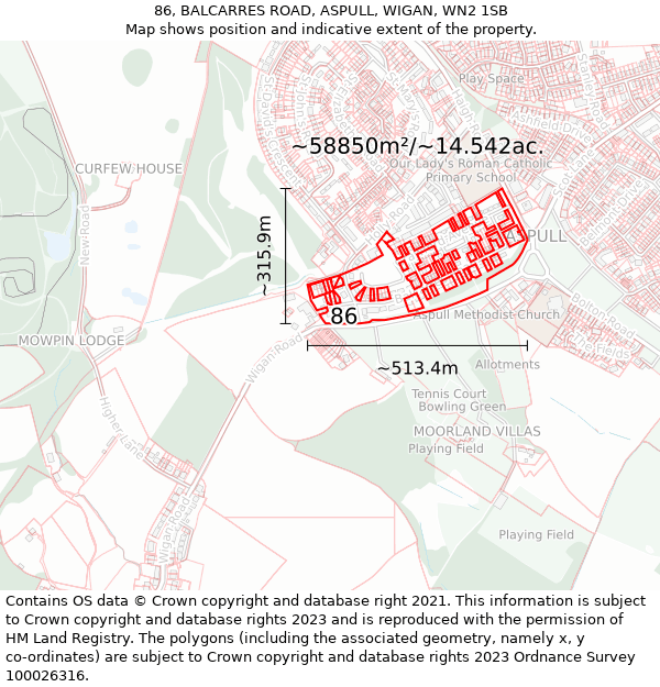 86, BALCARRES ROAD, ASPULL, WIGAN, WN2 1SB: Plot and title map