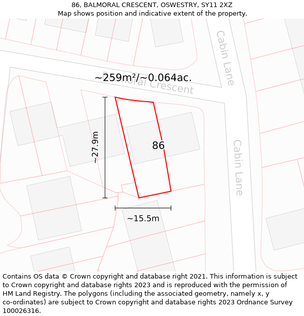 86, BALMORAL CRESCENT, OSWESTRY, SY11 2XZ: Plot and title map