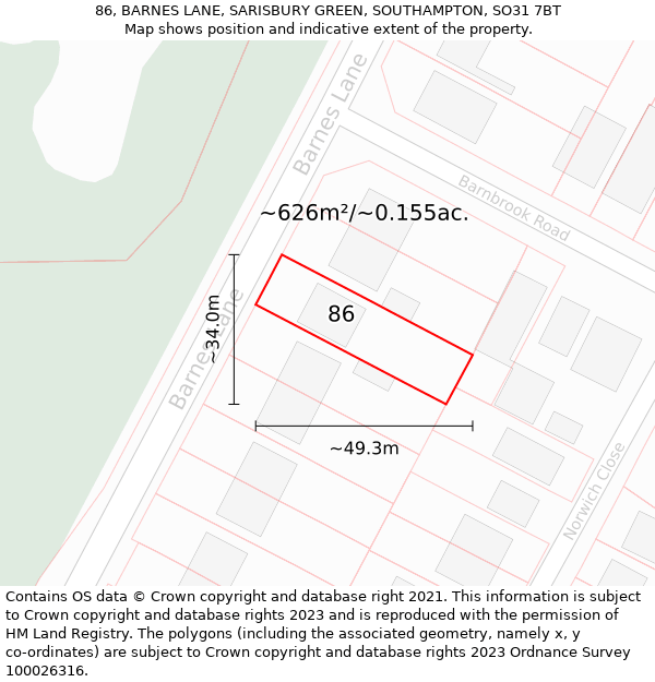 86, BARNES LANE, SARISBURY GREEN, SOUTHAMPTON, SO31 7BT: Plot and title map