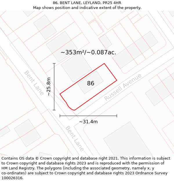 86, BENT LANE, LEYLAND, PR25 4HR: Plot and title map