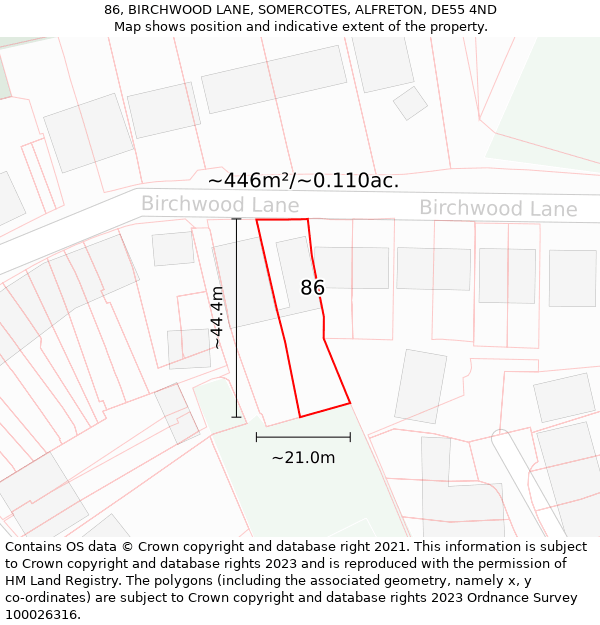 86, BIRCHWOOD LANE, SOMERCOTES, ALFRETON, DE55 4ND: Plot and title map