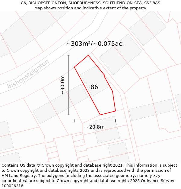 86, BISHOPSTEIGNTON, SHOEBURYNESS, SOUTHEND-ON-SEA, SS3 8AS: Plot and title map