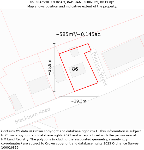 86, BLACKBURN ROAD, PADIHAM, BURNLEY, BB12 8JZ: Plot and title map