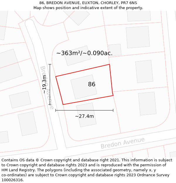 86, BREDON AVENUE, EUXTON, CHORLEY, PR7 6NS: Plot and title map