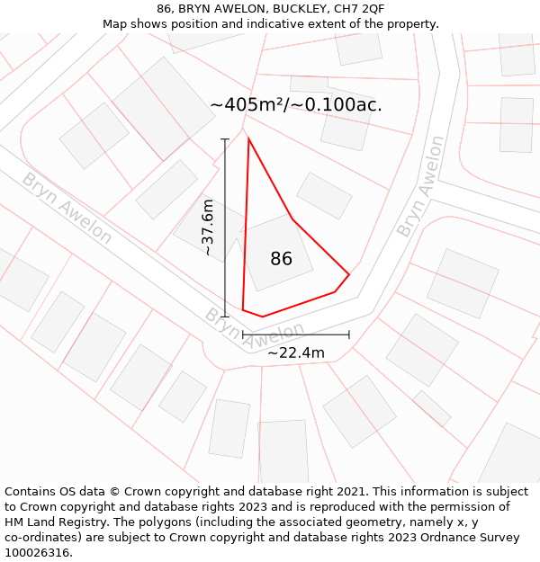 86, BRYN AWELON, BUCKLEY, CH7 2QF: Plot and title map