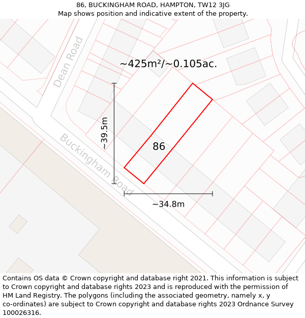 86, BUCKINGHAM ROAD, HAMPTON, TW12 3JG: Plot and title map