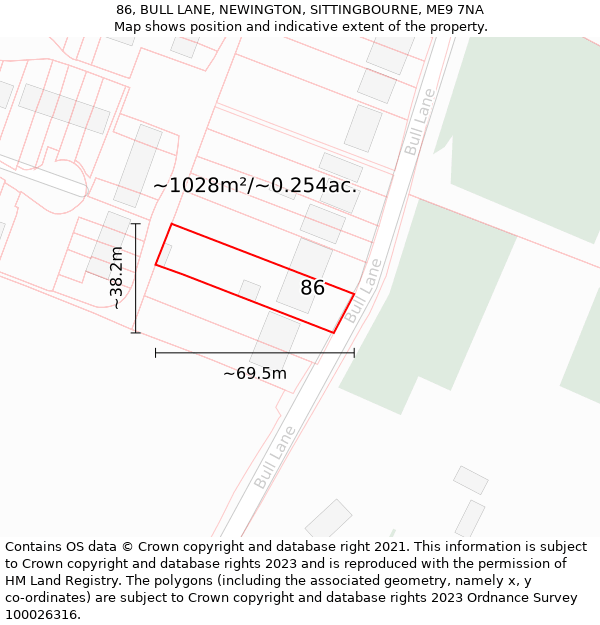 86, BULL LANE, NEWINGTON, SITTINGBOURNE, ME9 7NA: Plot and title map