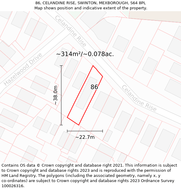 86, CELANDINE RISE, SWINTON, MEXBOROUGH, S64 8PL: Plot and title map