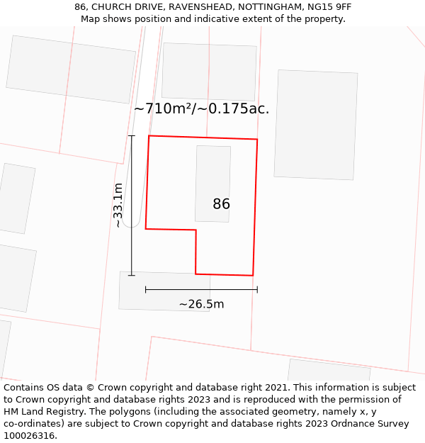 86, CHURCH DRIVE, RAVENSHEAD, NOTTINGHAM, NG15 9FF: Plot and title map