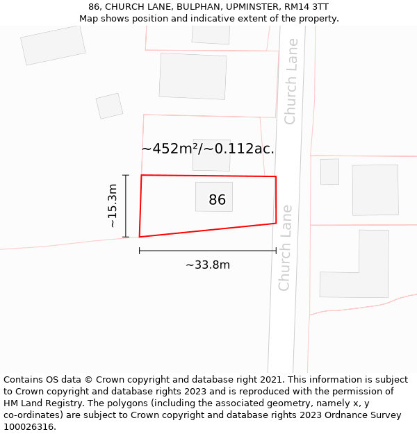 86, CHURCH LANE, BULPHAN, UPMINSTER, RM14 3TT: Plot and title map