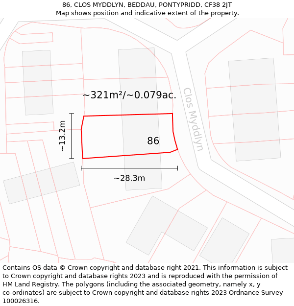 86, CLOS MYDDLYN, BEDDAU, PONTYPRIDD, CF38 2JT: Plot and title map