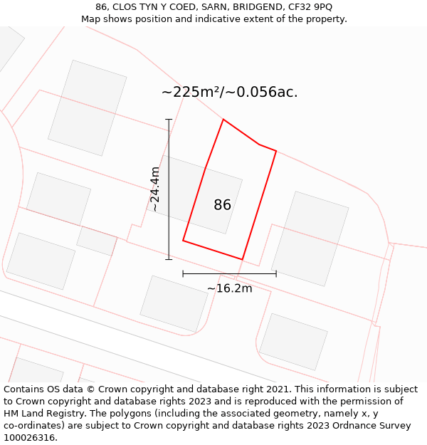 86, CLOS TYN Y COED, SARN, BRIDGEND, CF32 9PQ: Plot and title map