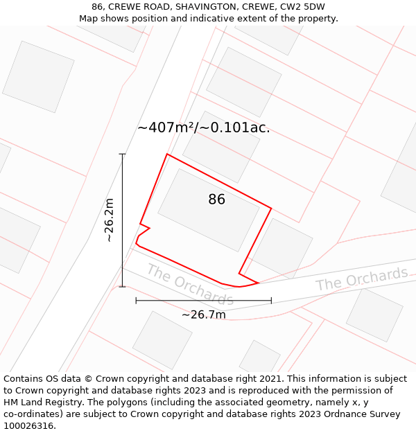 86, CREWE ROAD, SHAVINGTON, CREWE, CW2 5DW: Plot and title map