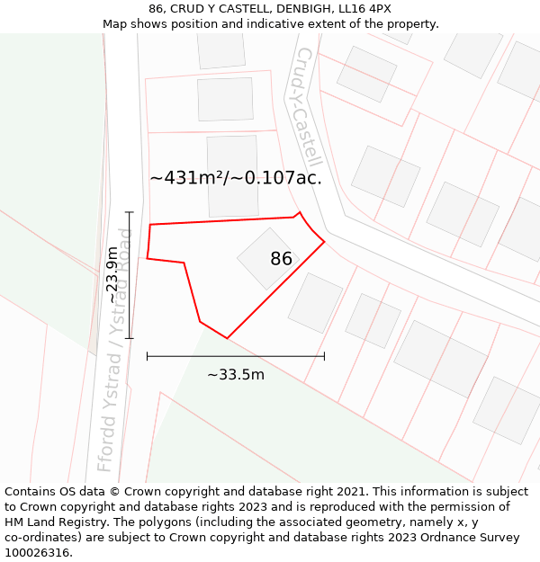 86, CRUD Y CASTELL, DENBIGH, LL16 4PX: Plot and title map