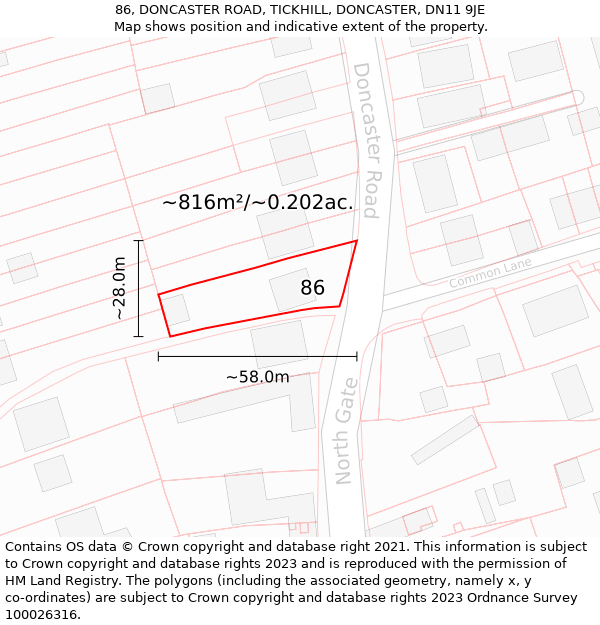 86, DONCASTER ROAD, TICKHILL, DONCASTER, DN11 9JE: Plot and title map