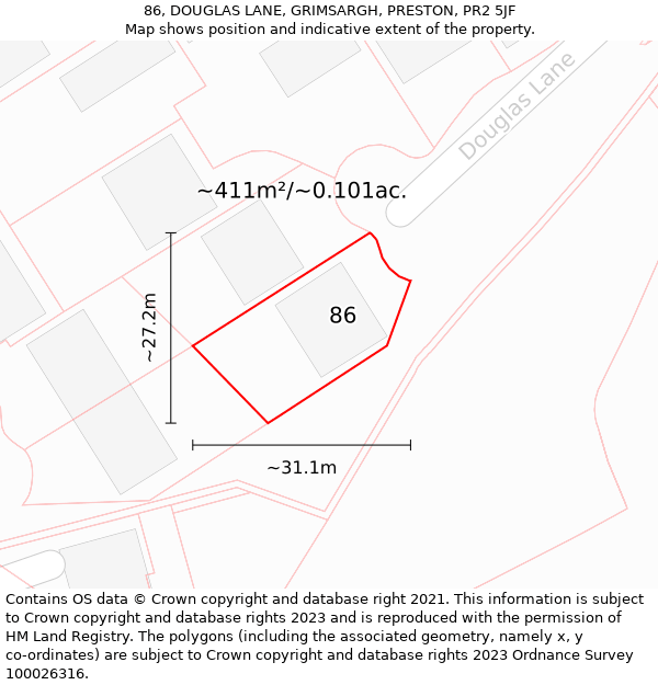 86, DOUGLAS LANE, GRIMSARGH, PRESTON, PR2 5JF: Plot and title map