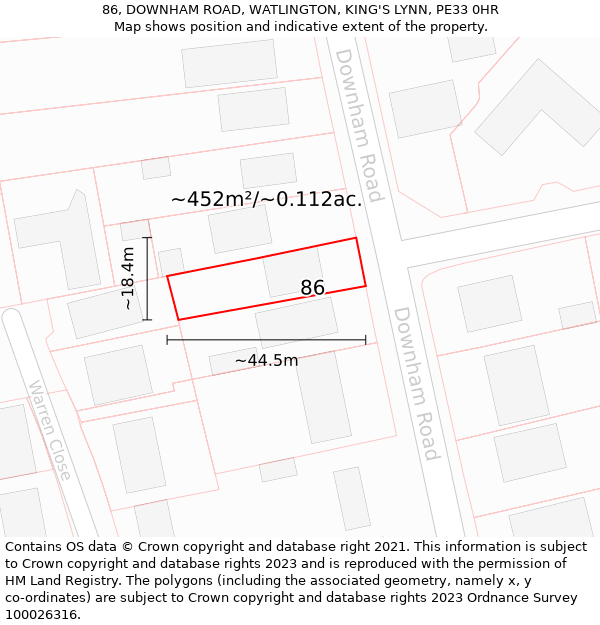 86, DOWNHAM ROAD, WATLINGTON, KING'S LYNN, PE33 0HR: Plot and title map