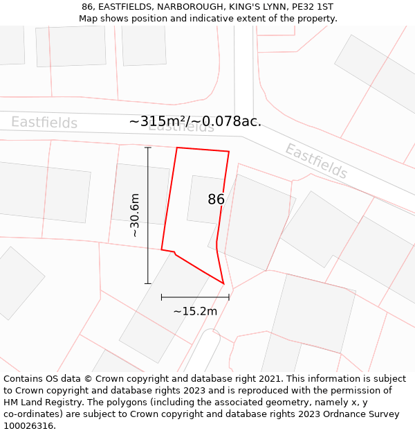 86, EASTFIELDS, NARBOROUGH, KING'S LYNN, PE32 1ST: Plot and title map