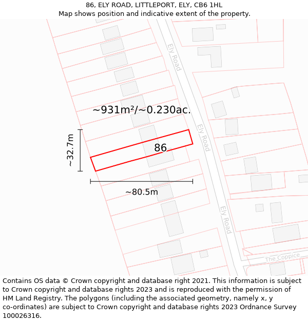 86, ELY ROAD, LITTLEPORT, ELY, CB6 1HL: Plot and title map