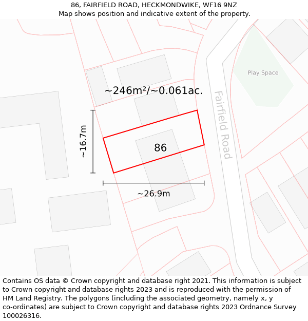 86, FAIRFIELD ROAD, HECKMONDWIKE, WF16 9NZ: Plot and title map