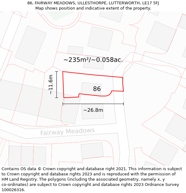 86, FAIRWAY MEADOWS, ULLESTHORPE, LUTTERWORTH, LE17 5FJ: Plot and title map