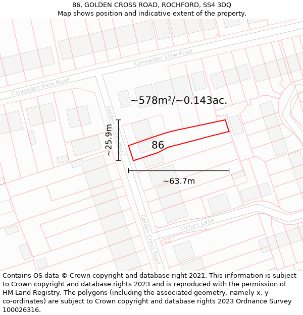 86, GOLDEN CROSS ROAD, ROCHFORD, SS4 3DQ: Plot and title map