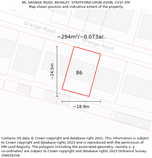 86, GRANGE ROAD, BEARLEY, STRATFORD-UPON-AVON, CV37 0SF: Plot and title map