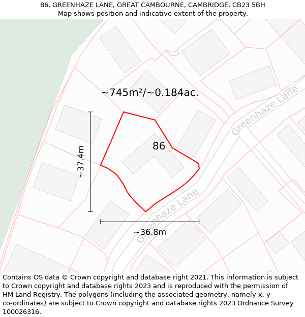 86, GREENHAZE LANE, GREAT CAMBOURNE, CAMBRIDGE, CB23 5BH: Plot and title map