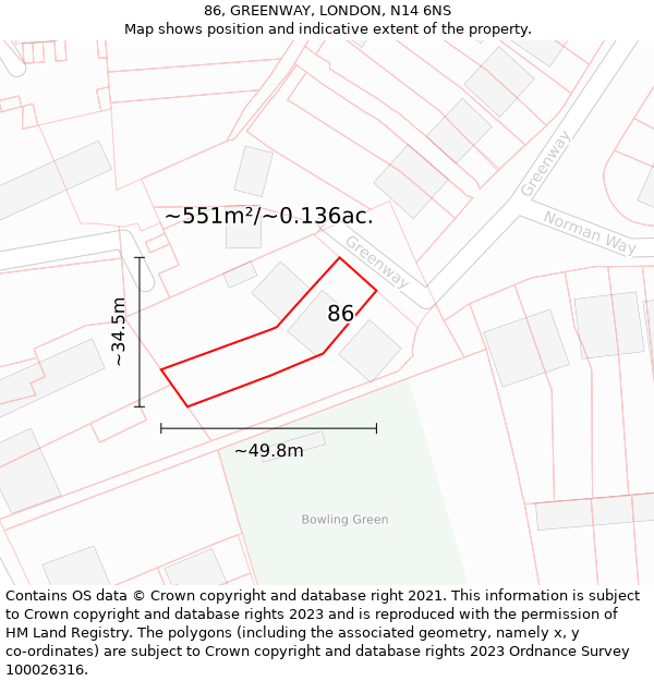 86, GREENWAY, LONDON, N14 6NS: Plot and title map