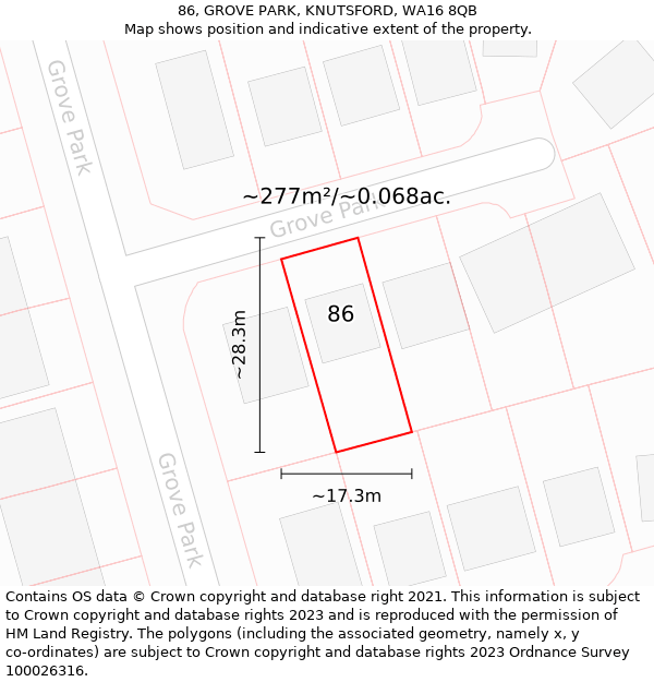 86, GROVE PARK, KNUTSFORD, WA16 8QB: Plot and title map