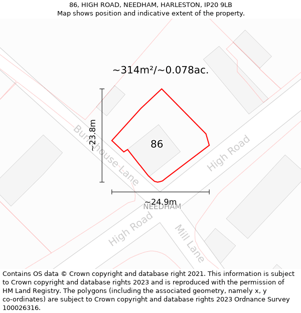 86, HIGH ROAD, NEEDHAM, HARLESTON, IP20 9LB: Plot and title map